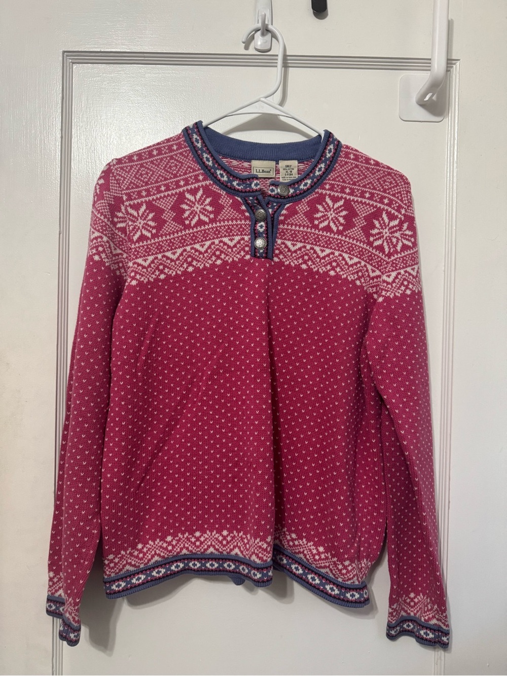 L.L. Bean Girls Nordic Fair Isle Pullover Henley Sweater Size XL